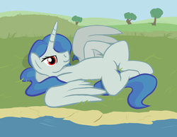 Size: 1800x1400 | Tagged: safe, artist:hydra, oc, oc only, oc:river bend, alicorn, pony, alicorn oc, draw me like one of your french girls, on back, relaxing, solo