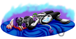 Size: 1779x918 | Tagged: safe, artist:quakehoof, rarity, spike, cow, tauren, anthro, unguligrade anthro, g4, black mageweave, clothes, on back, plushie, raricow, simple background, sleeping, species swap, stockings, warcraft, world of warcraft