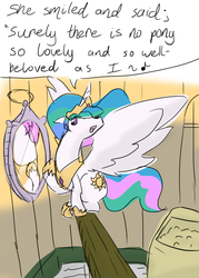 Size: 500x700 | Tagged: safe, artist:artylovr, princess celestia, lullaby for a princess, g4, behaving like a bird, bird cage, bird seed, dialogue, mirror, open mouth, singing, sitting, smiling, spread wings