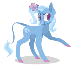 Size: 1057x894 | Tagged: safe, artist:jellybeanbullet, trixie, classical unicorn, pony, unicorn, g4, cloven hooves, female, glowing horn, horn, leonine tail, magic, mare, open mouth, raised hoof, simple background, smiling, solo