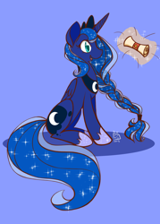 Size: 2074x2891 | Tagged: safe, artist:leafbunny, princess luna, alicorn, pony, g4, alternate hairstyle, blue background, braid, colored pupils, crown, cute, eyes on the prize, female, high res, horseshoes, jewelry, letter, lunabetes, magic, necklace, open mouth, regalia, scroll, simple background, sitting, smiling, solo