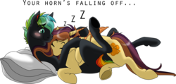 Size: 1600x759 | Tagged: safe, artist:elusiveconqueror, oc, oc only, oc:glitch, oc:lessi, pony, blushing, cuddling, duo, fake horn, glessi, on top, pillow, simple background, sleeping, snoring, snuggling, transparent background, zzz