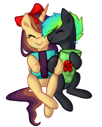 Size: 799x1001 | Tagged: safe, artist:goshhhh, oc, oc only, oc:glitch, oc:lessi, alicorn, pony, ^^, alicorn oc, bow, duo, eyes closed, glessi, hair bow, present, simple background, smiling, transparent background