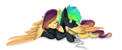 Size: 1024x427 | Tagged: safe, artist:hunterbookie, oc, oc only, oc:glitch, oc:lessi, pony, controller, duo, glessi, simple background, transparent background
