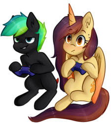 Size: 848x942 | Tagged: safe, artist:goshhhh, oc, oc only, oc:glitch, oc:lessi, alicorn, pony, alicorn oc, controller, duo, fake horn, gaming, glessi, simple background, transparent background