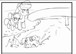 Size: 1024x725 | Tagged: safe, artist:masak9, apple bloom, applejack, winona, g4, monochrome