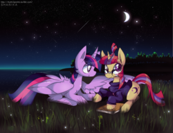 Size: 1280x982 | Tagged: safe, artist:xshanika, moondancer, twilight sparkle, alicorn, pony, g4, book, female, glasses, lesbian, mare, moon, night, scenery, ship:twidancer, shipping, twilight sparkle (alicorn)