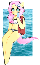 Size: 527x840 | Tagged: dead source, safe, artist:witchidly, fluttershy, anthro, unguligrade anthro, g4, arm hooves, bikini, clothes, female, food, ice cream, midriff, popsicle, sea salt ice cream, solo, swimsuit, tankini, towel