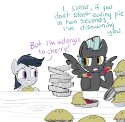 Size: 991x972 | Tagged: safe, artist:fiona, rumble, thunderlane, pegasus, pony, g4, cherry pie (food), dialogue, duo, eating, female, filly, food, lightningroad, male to female, mare, pie, pie tin, rule 63, tumble, upset