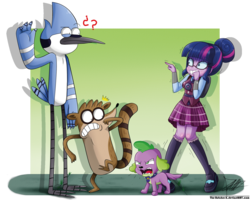 Size: 1574x1259 | Tagged: safe, artist:the-butch-x, sci-twi, spike, spike the regular dog, twilight sparkle, dog, equestria girls, g4, my little pony equestria girls: friendship games, clothes, crossover, crystal prep academy uniform, female, glasses, hilarious in hindsight, magic capture device, male, mordecai, regular show, rigby (regular show), school uniform, signature