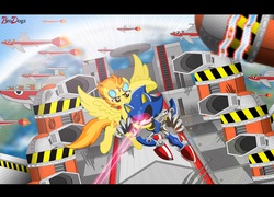 Size: 1762x1272 | Tagged: safe, artist:brodogz, spitfire, pegasus, pony, robot, g4, antagonist, combat, crossover, egg fleet, eggman empire of equestria, fanfic, fanfic art, female, fight, goggles, good vs evil, laser, male, mare, metal sonic, sonic the hedgehog, sonic the hedgehog (series)