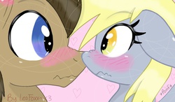 Size: 1024x600 | Tagged: safe, artist:leofoxx, derpy hooves, doctor whooves, time turner, earth pony, pony, g4, blushing, male, scrunchy face, ship:doctorderpy, shipping, stallion, straight