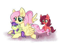 Size: 1024x768 | Tagged: safe, artist:dreamscapevalley, fluttershy, oc, oc:apple luv, oc:blossom, g4, alternate hairstyle, fluttermom, mother and daughter, offspring, parent:big macintosh, parent:fluttershy, parents:fluttermac, ponytail