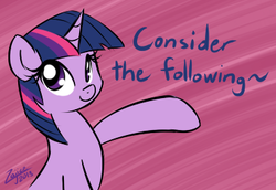 Size: 371x255 | Tagged: safe, artist:zajice, twilight sparkle, pony, unicorn, g4, consider the following, cute, female, looking at you, mare, pointing, reaction image, smiling, solo