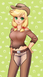 Size: 700x1243 | Tagged: safe, artist:racoonsan, applejack, human, g4, breasts, busty applejack, cowboy hat, cute, female, hat, humanized, jackabetes, midriff, solo, stetson, twintails