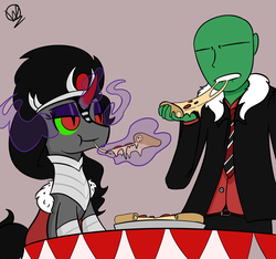 Size: 1261x1181 | Tagged: safe, artist:woo, edit, king sombra, oc, oc:anon, human, pony, umbrum, g4, pizza, queen umbra, rule 63, stupid sexy sombra