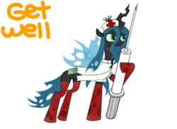 Size: 1024x745 | Tagged: dead source, safe, artist:crimredaria, queen chrysalis, changeling, changeling queen, g4, clothes, female, get well soon, giant syringe, nurse, nurse outfit, simple background, socks, solo, syringe, transparent background