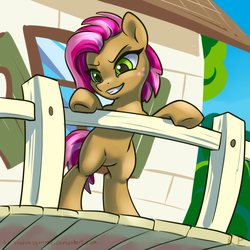 Size: 1500x1500 | Tagged: safe, artist:kp-shadowsquirrel, babs seed, earth pony, pony, g4, clubhouse, crusaders clubhouse, female, filly, freckles, scene interpretation, smiling, solo, standing, underhoof