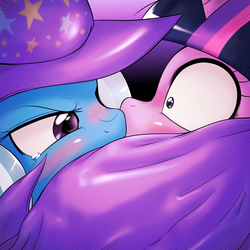 Size: 1000x1000 | Tagged: safe, artist:ushiro no kukan, trixie, twilight sparkle, pony, unicorn, g4, blushing, crying, duo, female, kiss on the lips, kissing, lesbian, mare, ship:twixie, shipping, surprise kiss, surprised, trixie's cape, trixie's hat