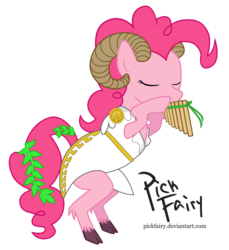 Size: 1024x1118 | Tagged: safe, artist:pickfairy, pinkie pie, goat, satyr, g4, clothes, dress, eyes closed, faun, female, fusion, goatified, greek, greek clothes, greek mythology, hooves, horns, laurel wreath, musical instrument, pan (god), pan flute, ram horns, satyrized, simple background, solo, species swap, toga, transparent background