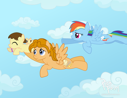 Size: 1024x791 | Tagged: safe, artist:pickfairy, rainbow dash, oc, oc:brony chef, oc:regina, pegasus, pony, g4, cloud, cloudy, cute, daaaaaaaaaaaw, flying