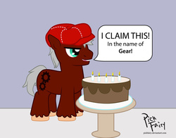 Size: 1024x804 | Tagged: safe, artist:pickfairy, oc, oc only, oc:gear, pony, birthday, cake, dialogue, hat, solo