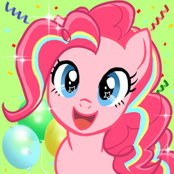 Size: 500x500 | Tagged: safe, artist:amida murasaki, pinkie pie, g4, cute, diapinkes, female, looking at you, open mouth, pixiv, rainbow power, smiling, solo, sparkles, stars, wingding eyes