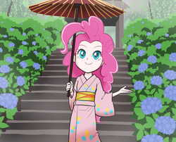 Size: 980x790 | Tagged: safe, artist:amida murasaki, pinkie pie, equestria girls, g4, beautiful, cute, diapinkes, female, happy, japan, japanese, kimono (clothing), pixiv, smiling, solo, stairs, temple, umbrella