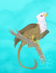Size: 773x1000 | Tagged: safe, artist:zombied, gilda, griffon, g4, behaving like a bird, birds doing bird things, catbird, female, frown, glare, griffons doing bird things, needs more saturation, partially open wings, perch, solo, tree branch, wings
