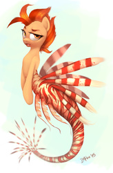 Size: 1202x1832 | Tagged: safe, artist:imalou, oc, oc only, merpony, pony, lionfish, looking at you, orange, realistic, scales, solo, stripes