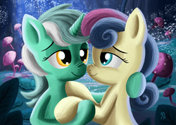 Size: 3507x2480 | Tagged: safe, artist:theponypretender, bon bon, lyra heartstrings, sweetie drops, g4, boop, female, high res, lesbian, noseboop, ship:lyrabon, shipping