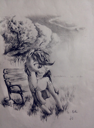 Size: 1853x2500 | Tagged: safe, artist:lililioon, oc, oc only, bench, monochrome, solo, traditional art, tree