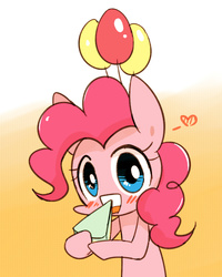 Size: 800x1000 | Tagged: safe, artist:joycall6, pinkie pie, earth pony, pony, g4, balloon, blushing, cake, cute, diapinkes, female, food, heart, hoof hold, looking at you, open mouth, solo