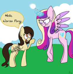 Size: 1012x1028 | Tagged: dead source, safe, artist:butterkinz24, princess cadance, oc, pony, g4, dialogue, duo, eye clipping through hair, insult, magic, this will end in tears and/or death, worst pony