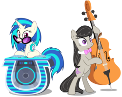 Size: 5000x3974 | Tagged: safe, artist:mrlolcats17, dj pon-3, octavia melody, vinyl scratch, earth pony, pony, unicorn, g4, bipedal, bowtie, cello, cutie mark, female, hooves, horn, mare, mixing console, musical instrument, open mouth, simple background, sunglasses, transparent background, vector