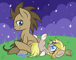 Size: 2329x1831 | Tagged: safe, artist:starlightlore, doctor whooves, time turner, oc, oc:timestep, pony, g4, father and daughter, male, next generation, offspring, parent:doctor whooves, parent:unnamed oc, parents:canon x oc, stallion, starry eyes, wingding eyes