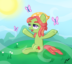 Size: 1280x1149 | Tagged: safe, artist:tina-de-love, tree hugger, butterfly, g4, female, hippie horse noises, solo