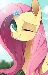 Size: 661x1039 | Tagged: safe, artist:rocy canvas, fluttershy, pegasus, pony, g4, it ain't easy being breezies, cloud, cute, female, flower, flower in hair, mare, one eye closed, portrait, shyabetes, sky, smiling, solo, wink