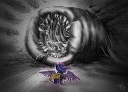 Size: 1000x721 | Tagged: safe, artist:leiladrake, twilight sparkle, alicorn, pony, sandworm, shai-hulud, g4, dune, female, mare, monster, ponified, size difference, teeth, twilight sparkle (alicorn)