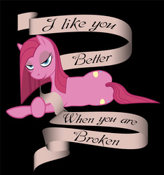 Size: 1419x1517 | Tagged: safe, artist:scorchedwing, pinkie pie, g4, both cutie marks, dark, digital art, domination, female, femdom, mouthpiece, pinkamena diane pie, slogan, solo, sultry, vector