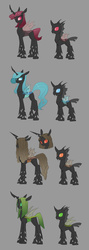 Size: 1082x3031 | Tagged: safe, artist:carnifex, oc, oc only, oc:boitata, oc:malafide, oc:marasmus, oc:photuris, changeling, changeling queen, g4, blue changeling, brown changeling, changeling oc, changeling queen oc, female, green changeling, holes in wings, next generation, offspring, red changeling