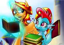Size: 1280x904 | Tagged: safe, artist:drizziedoodles, sunset shimmer, oc, oc:dim sum the dragon, dragon, pony, unicorn, g4, book, canterlot, glasses