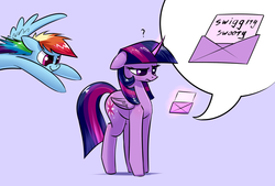 Size: 1748x1181 | Tagged: safe, artist:underpable, rainbow dash, twilight sparkle, alicorn, pegasus, pony, g4, confused, eyes on the prize, female, floppy ears, frown, lesbian, letter, looking at butt, magic, mare, pounce, question mark, raised eyebrow, ship:twidash, shipping, smirk, swiggity swooty, telekinesis, twilight sparkle (alicorn)