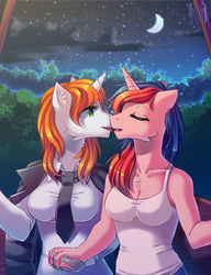 Size: 1308x1700 | Tagged: safe, artist:margony, oc, oc only, anthro, cleavage, female, kissing, lesbian