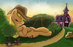 Size: 2328x1515 | Tagged: safe, artist:made-in-donuts, applejack, big macintosh, earth pony, pony, g4, big-apple-pony, female, freckles, giant pony, giant/macro earth pony, giantess, macro, male, mare, mega applejack, resting, signature, size difference, stallion, sweet apple acres