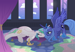 Size: 12773x9000 | Tagged: safe, artist:mactavish1996, artist:sherwoodwhisper, princess celestia, princess luna, alicorn, pony, g4, .svg available, absurd resolution, female, mare, night, royal sisters, s1 luna, siblings, sisters, sleeping, spread wings, vector