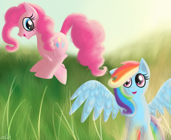 Size: 1100x900 | Tagged: dead source, safe, artist:tinyfeather, pinkie pie, rainbow dash, g4, grass