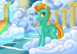 Size: 1280x903 | Tagged: safe, artist:r0cketsquid, lightning dust, pegasus, pony, g4, cloud, cloudy, crepuscular rays, female, rainbow, solo