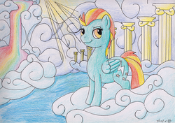 Size: 1280x903 | Tagged: safe, artist:r0cketsquid, lightning dust, pegasus, pony, g4, cloud, cloudy, crepuscular rays, drawing, female, rainbow, solo, traditional art