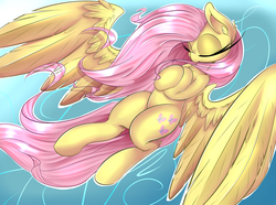 Size: 4500x3350 | Tagged: safe, artist:madacon, fluttershy, pegasus, pony, g4, eyes closed, female, flying, mare, solo, spread wings, windswept mane